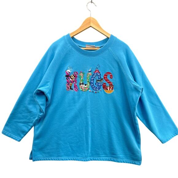 Quacker Factory Blue 3/4 Sleeve Cat Hugs Embroidered Sweatshirt Women 1XL - Picture 1 of 7